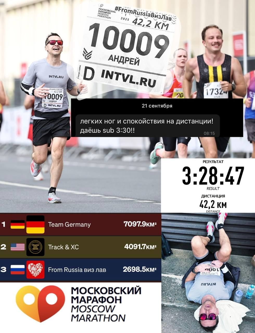 Финиш Московского марафона 2025 с номером intvl.ru, результат 3:28:47